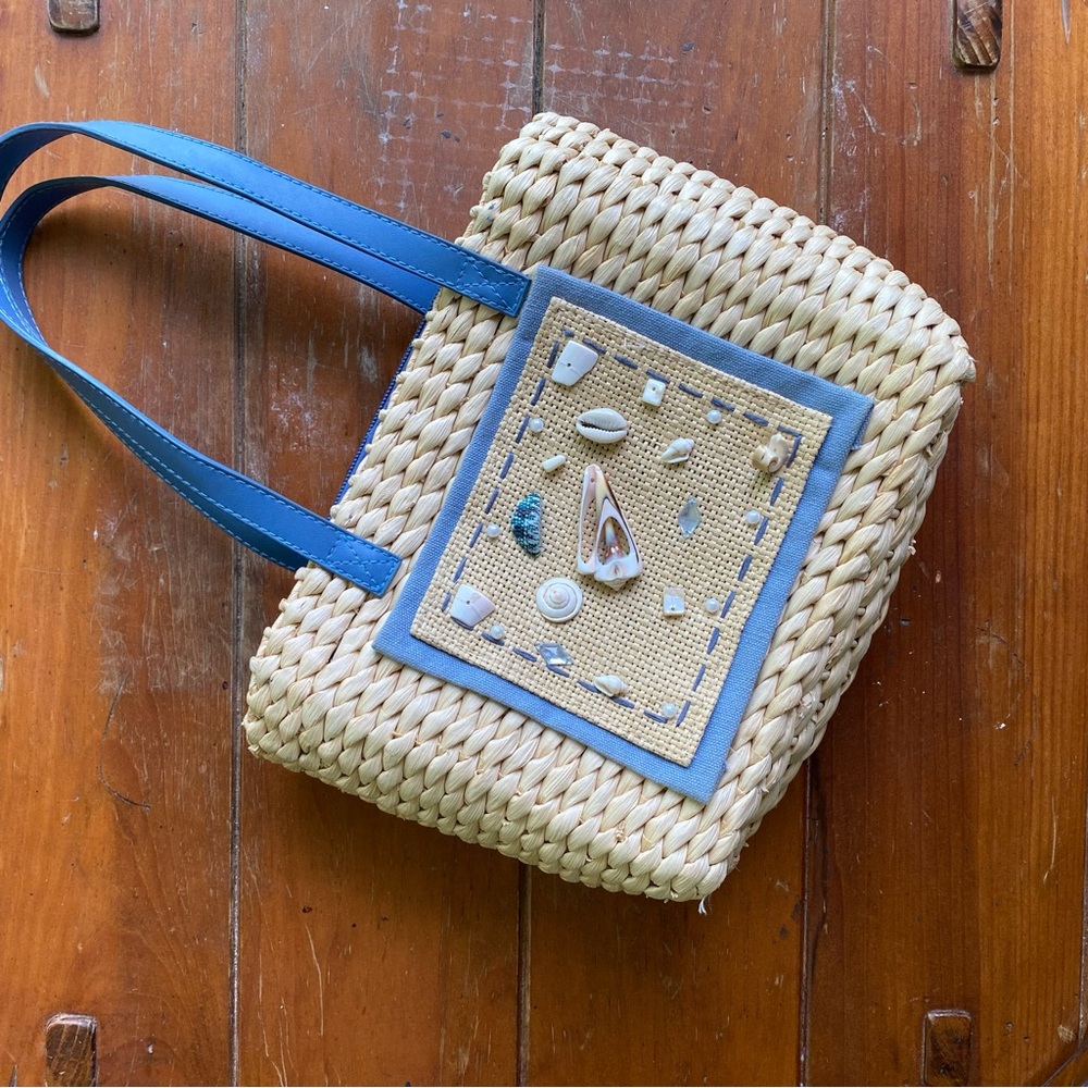 Kim Rogers Straw/Paper Mini Tote/Hand Bag w. Sea Blue Lining & Shell Accents - Picture 2 of 7